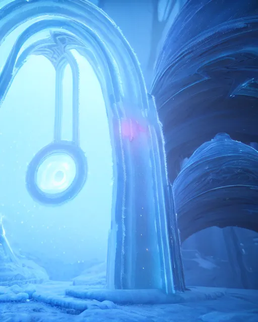 Prompt: interdimensional galaxy portal covered in frost, ice gate, volumetric light, volumetric fog, unreal engine, frostpunk photorealistic, 8 k by beeple