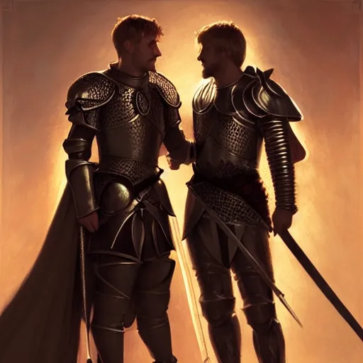 Prompt: attractive arthur pendragon and his favourite attractive male knight, they are in love, camelot, natural lighting, path traced, highly detailed, high quality, digital painting, by gaston bussiere, craig mullins, j. c. leyendecker