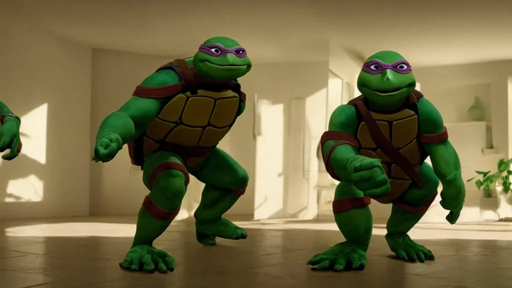 Image similar to a ninja teenage mutant turtle made of wax and water floats through the living room, film still from the movie directed by Denis Villeneuve with art direction by Salvador Dalí, wide lens