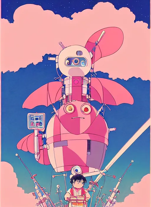 Prompt: a movie poster for a studio Ghibli film based on the song Yoshimi battles the pink robots, part 1. by the band the flaming lips; artwork by Hiyao Miyazaki and studio Ghibli