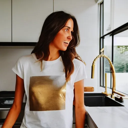 Image similar to a candid photo of a brunette female, young, athletic, australian, wearing a gold tshirt in a kitchen