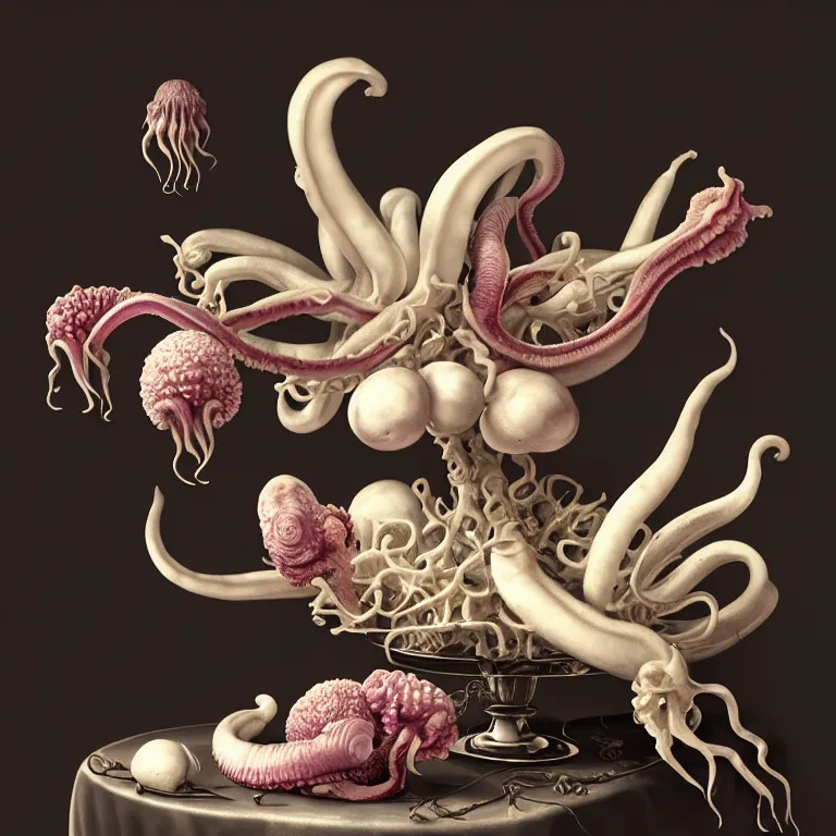 Image similar to still life of flowers on a table, alien squid, white octopus, , surreal alien ribbed fruit, human spine, baroque painting, beautiful detailed intricate insanely detailed octane render trending on Artstation, 8K artistic photography, photorealistic, chiaroscuro, Raphael, Caravaggio, infrared photo