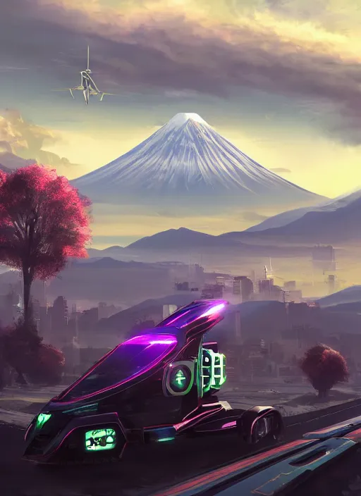 Image similar to a futuristic solarpunk tesla cyber truck vehicle hover craft in the future of 2 0 8 9 futuristic version, cyberpunk look. digital art. trending on artstation. cyberpunk look hovering by mount fuji early in the morning with a few blossom trees around, high quality photo