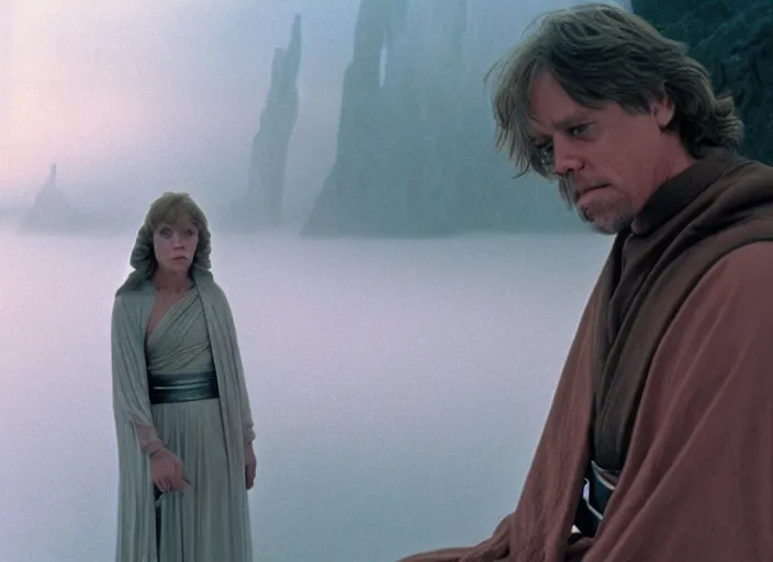 Prompt: Luke skywalker kneels before a jedi oracle woman, a mystic with infinite knowledge of time. a strange foggy pink land. still from the 1983 film directed by Stanley Kubrick, monolith, anamorphic, Photographed with Leica Summilux-M 24 mm lens, kodak stock, ISO 100, f/8, Portra 400