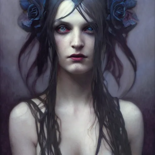 Prompt: dark goth queen by jeremy mann and alphonse mucha, fantasy art, photo realistic, dynamic lighting, artstation, poster, volumetric lighting, very detailed faces, blue eyes, 4 k, award winning dark, goth, queen, dark fantasy, hyperrealistic portrait, art of elysium, full figure, very detailed face, 4 k, award winning,