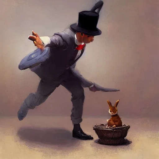 Prompt: a magician pulling a hat out of a rabbit painted by greg rutkowski wlop