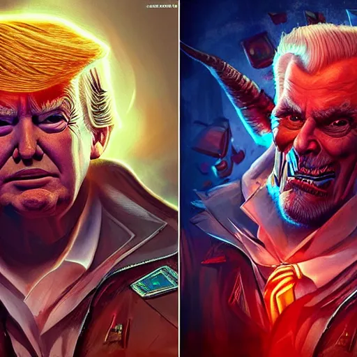 Prompt: donald trump as diablo character, digital illustration portrait design, by android jones and greg rutkowski, retrowave color scheme, detailed, cinematic lighting, wide angle action dynamic portrait