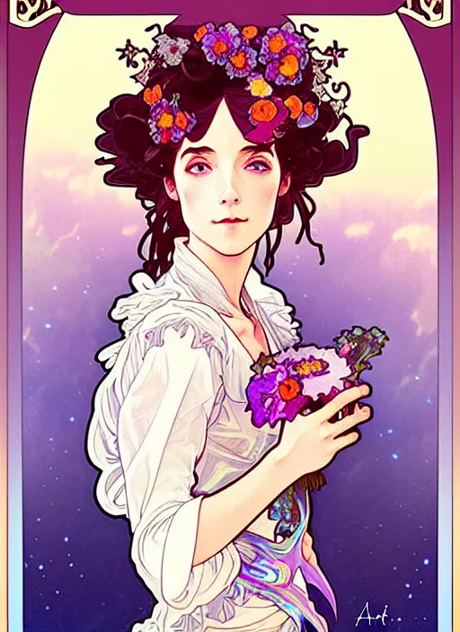 Image similar to sophie howl's moving castle, rococo and art nouveau fusion, iridescent diaphanous refractive and reflective flower bouquet, tarot card, highly detailed, deep focus, elegant, digital painting, smooth, sharp focus, illustration, ultra realistic, 8 k, art by artgerm and alphonse mucha