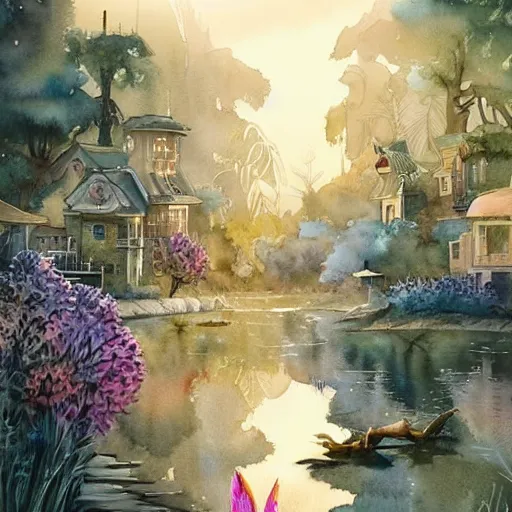 Image similar to Beautiful happy picturesque charming sci-fi town in harmony with nature. Beautiful light. Water and plants. Nice colour scheme, soft warm colour. Beautiful detailed watercolor by Lurid. (2022)