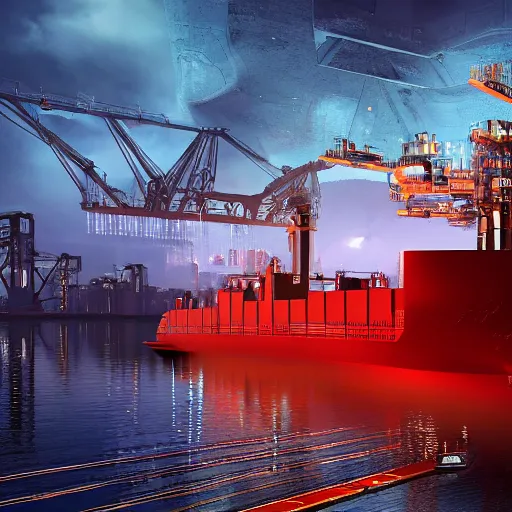 Image similar to photo of Immense industrial futuristic cargo ship arrives at cyber punk city sea port, cinematic lighting, photo