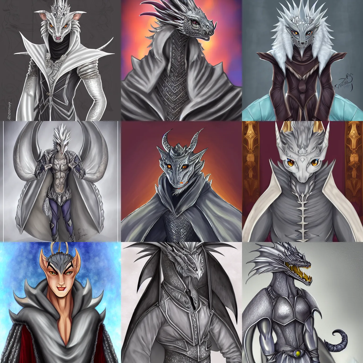Prompt: half body portrait of a handsome noble young anthropomorphic silver dragon!, silver skin, male, wearing a royal cloak, large eyes, commission on furaffinity, warm colors