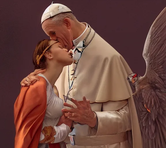 Image similar to photography of a pope kissing the breast of a sensual woman, deep focus, intricate, elegant, highly detailed, digital painting, artstation, concept art, matte, sharp focus, illustration, art by artgerm and greg rutkowski and alphonse mucha