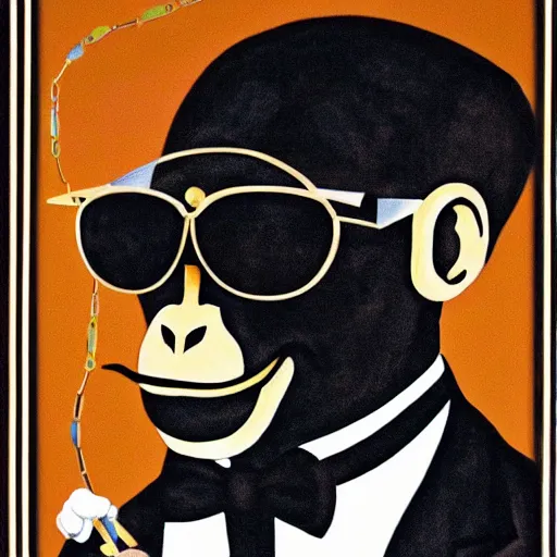 Prompt: a monkey wearing a nice black tuxedo and wearing shades and wearing gold chains around its neck, art deco, highly detailed, highly coherent, 8 k