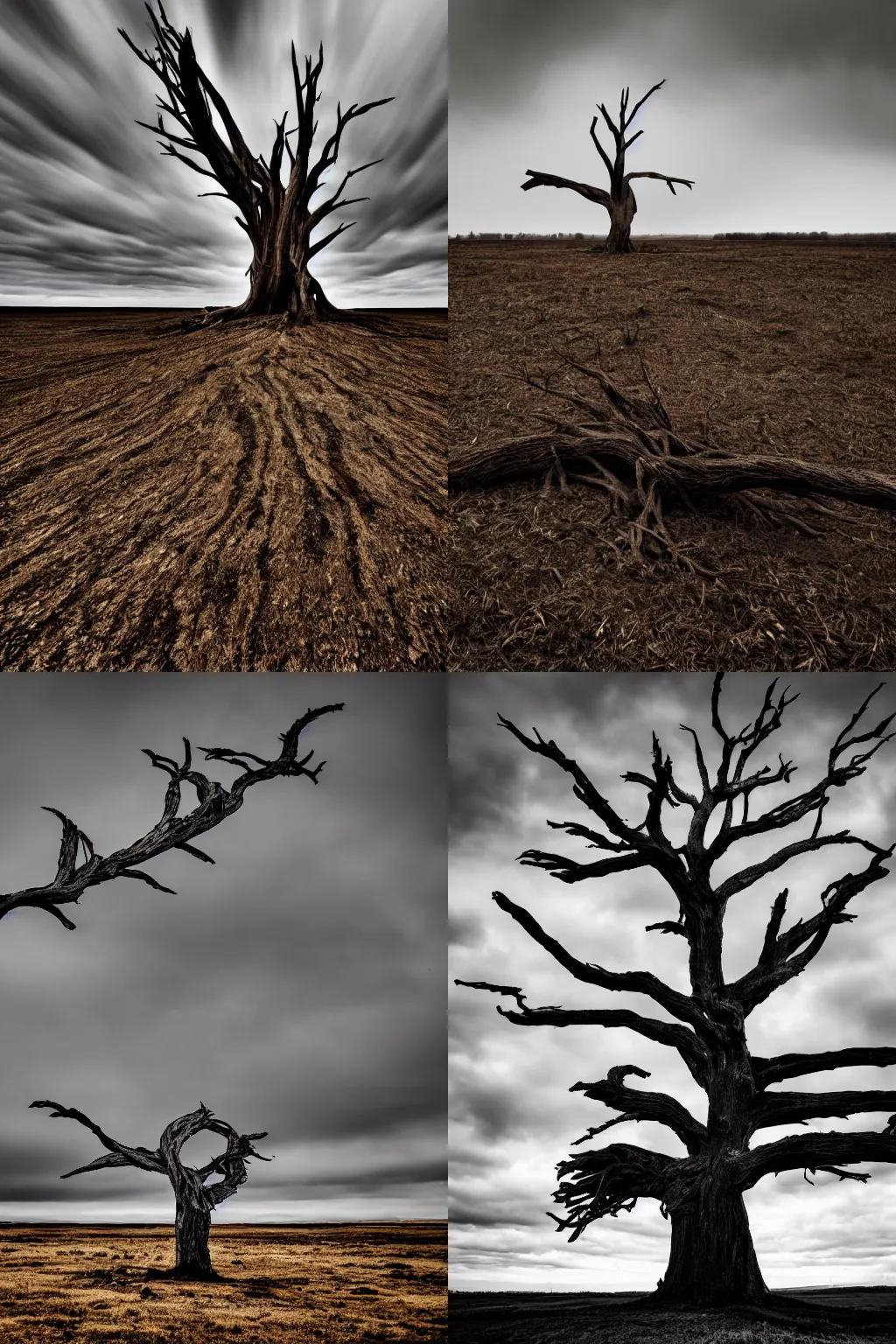 Prompt: giant, twisted, dead tree in the middle of a barren field on an overcast day, dark, moody, dramatic, 4k, high quality,