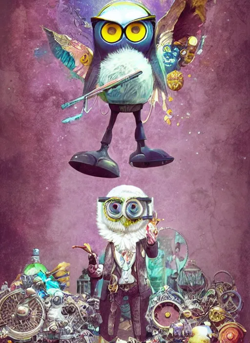 Image similar to anthropomorphic wise wealthy white - owl travels through time via steampunk portals, pixiv fanbox, dramatic lighting, maximalist pastel color palette, splatter paint, pixar and disney exploded - view drawing, graphic novel by fiona staples and dustin nguyen, peter elson, alan bean, wangechi mutu, clean cel shaded vector art, trending on artstation