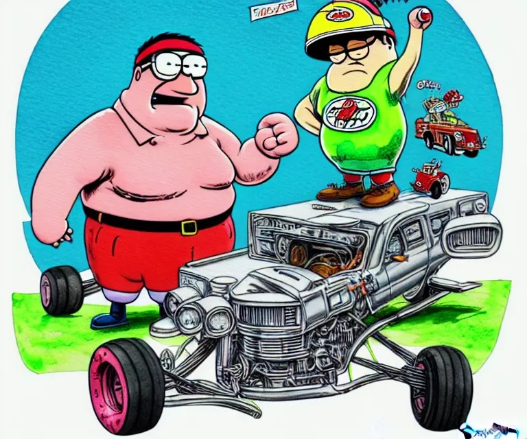 Prompt: cute and funny, peter griffin, wearing a helmet, driving a hotrod, oversized enginee, ratfink style by ed roth, centered award winning watercolor pen illustration, isometric illustration by chihiro iwasaki, the artwork of r. crumb and his cheap suit, cult - classic - comic,
