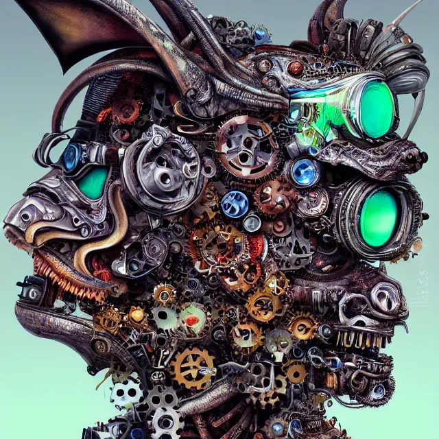 Prompt: profile portrait of a dragon, computer parts, mechanical parts, by giuseppe arcimboldo, steampunk, cyberpunk, futuristic, psychedelic, surreal, sci - fi, vaporwave, alien, dreamlike.