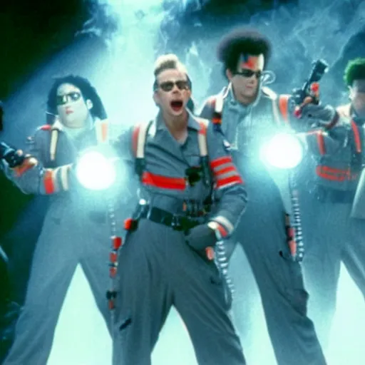 Image similar to stunning awe inspiring michael jackson as a ghostbuster in the movie ghostbusters, movie still 8 k hdr atmospheric lighting