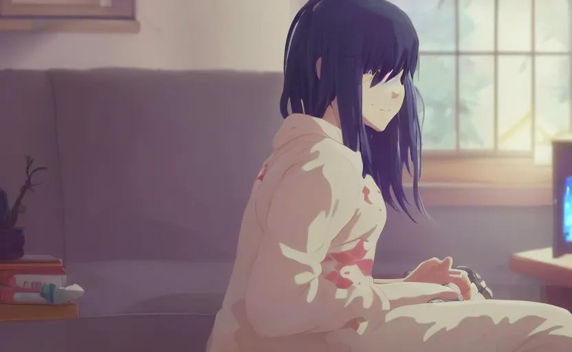 Image similar to a girl in her pajamas playing video games, anime scene illustrated by Makoto Shinkai, 4k, digital art