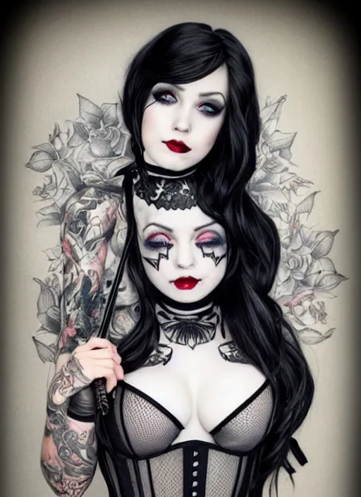 Prompt: two beautiful pale skin cosplay girls, gray eyes, black hair, fully tattooed body, fishnet corset with choker, symmetrical, beautiful detailed face, masterpiece, paint by magali villeneuve