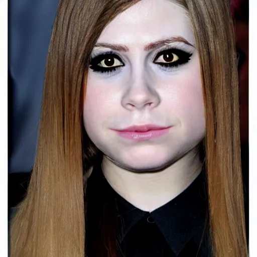 Prompt: semi - long light brunette, lop eared, black eye shadow, small nose, small mouth, triangle shaped face, avril lavigne face shape