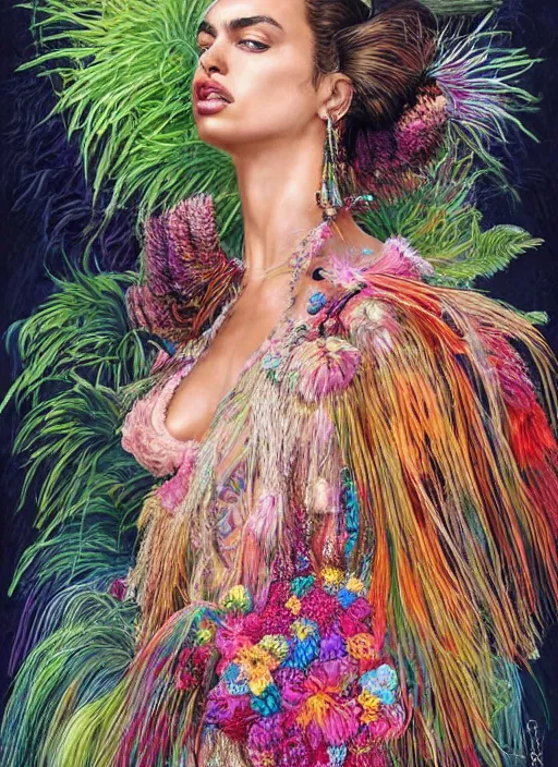 Prompt: beautiful portrait of Irina Shayk wearing dramatic Hand-dyed cotton dress,embellished beaded feather decorative fringe knots ,colorful pigtail,subtropical flowers and plants,symmetrical face,intricate,elegant,highly detailed,8k,digital painting,trending on pinterest,harper's bazaar,concept art, sharp focus, illustration, by artgerm,Tom Bagshaw,Lawrence Alma-Tadema,greg rutkowski,alphonse Mucha