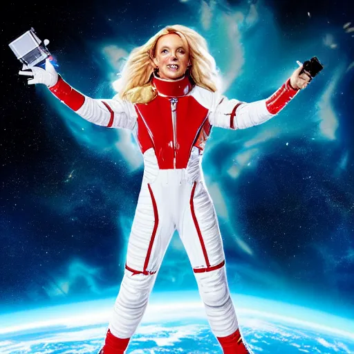 Image similar to of a dynamic movie poster of britney spears as a hero sci fi space cosmonaut holding a raygun in a nice action pose, there is an explosion on the background of a space station blowing britney's hair and lighting her with a rim light, she is laughing, f 2. 8, advertising studio lighting,