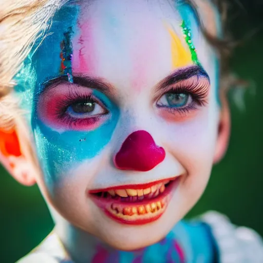 Prompt: A portrait of a girl who has face-painting like a clown smiling creepily Depth of field. Lens flare