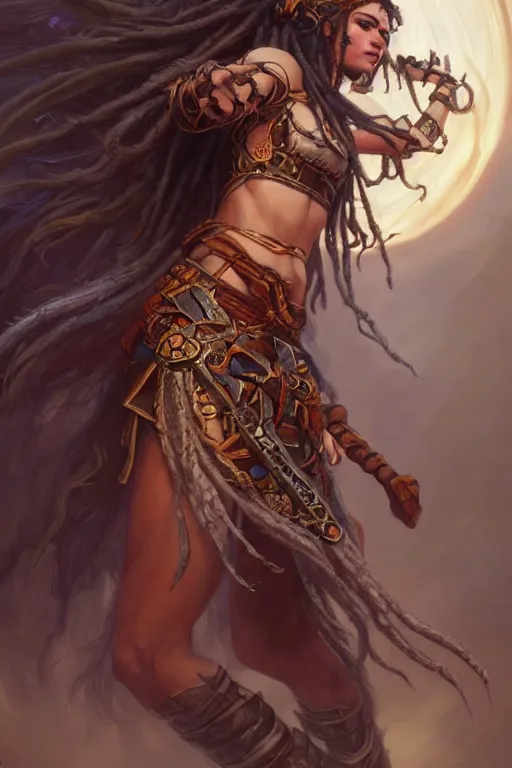 Prompt: dreadlock warrior princess, deep focus, d & d, fantasy, intricate, elegant, highly detailed, digital painting, artstation, concept art, matte, sharp focus, illustration, dark fantasy style art, hearthstone, art by artgerm and greg rutkowski and alphonse mucha