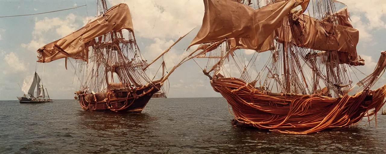 Image similar to pirate ship with spaghetti treasure, aboard a sailboat, caribbean, in the style of galen rowell, 1 7 0 0 s, canon 2 0 mm, kodachrome