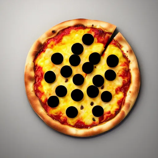 Image similar to A cheezy slice of pizza with a lots of black olives, the slice is so hot, 3D render, blender, highly detailed