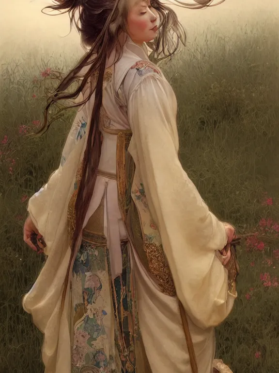 Image similar to portrait of a beautiful seductive slightly plump european girl wearing hanfu walking on water, farm background, fantasy, d & d, dark eyeliner, intricate, elegant, highly detailed, digital painting, artstation, concept art, matte, sharp focus, illustration, art by greg rutkowski and alphonse mucha