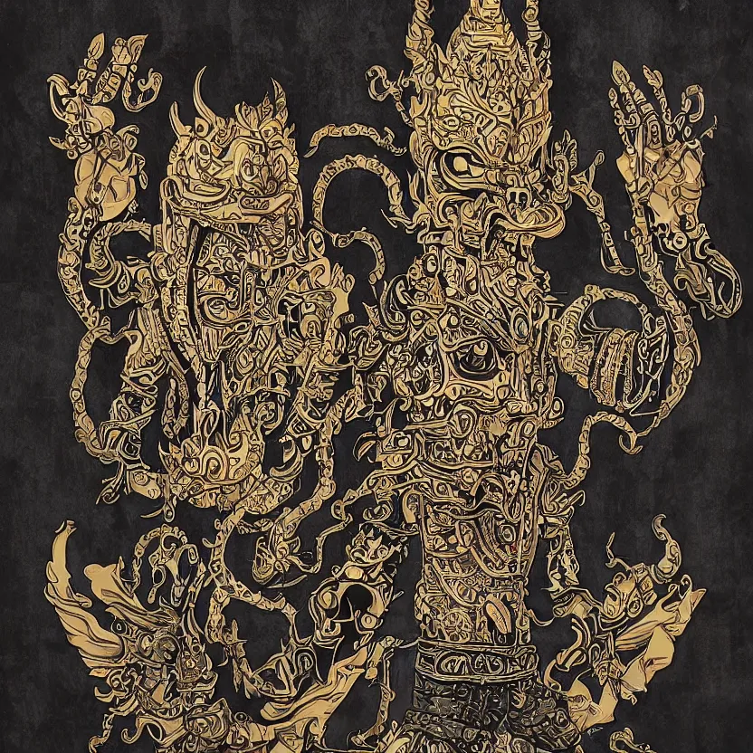 Prompt: barong, the balinese demon in a retrofuturistic style. ornately decorated with sacred art and designs. reflective metal, detailed textures, smooth lighting. dark background. pulp sci - fi art.