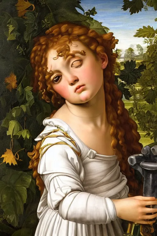 Image similar to renaissance painting of young girl soldier in the garden, closeup, curly long hair, face closeup, emotions closeup, dressed in roman armour, the beautiful garden with maple leaves everywhere, ultra detailed, art by guido reni style, vincenzo catena style