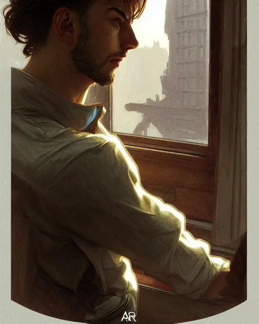 Prompt: attractive man looking out the window sadly, highly detailed, digital painting, artstation, concept art, smooth, sharp focus, illustration, art by artgerm and greg rutkowski and alphonse mucha