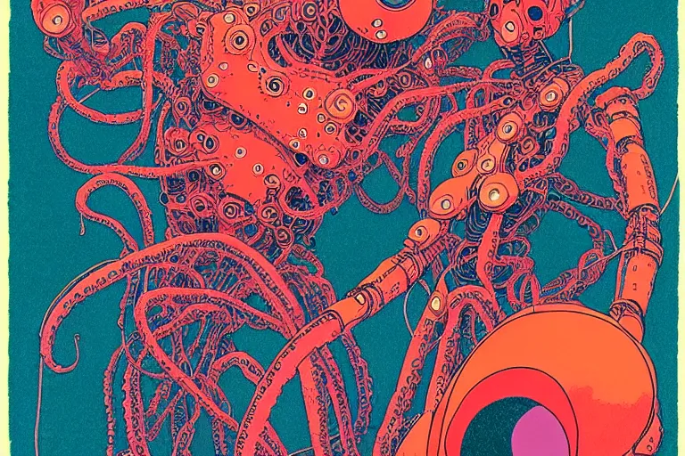 Image similar to risograph grainy drawing vintage sci - fi, satoshi kon color palette, gigantic gundam full - body covered with human bodies and wires, with lot tentacles, vermilion color, codex seraphinianus painting by moebius and satoshi kon and dirk dzimirsky close - up portrait