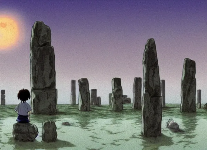 Prompt: a realistic cell - shaded studio ghibli concept art from paprika ( 2 0 0 6 ) of a magic ritual from close encounters of the third kind ( 1 9 7 7 ) and a grey creature meditating on top of a pillar in a flooded stonehenge on a misty starry night. very dull colors, hd, 4 k, hq