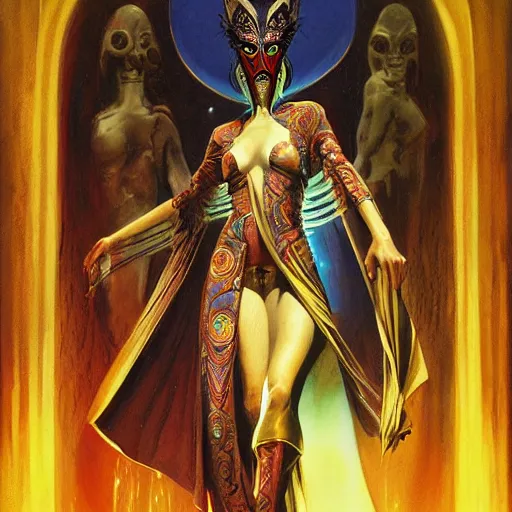 Image similar to seductive, clothed science fiction mutant byzantine priestess with long neck and geometric headdress and mask, by boris vallejo, deak ferrand, and greg rutkowski
