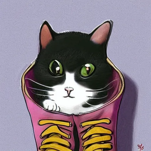 Prompt: a cat hiding inside a shoe, cute art