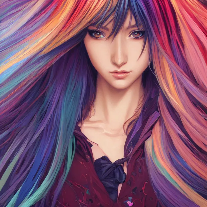 Image similar to portrait of beautiful symmetrical anime girl, rainbow hair, attractive, casual, modern, victoria's secret, highly detailed, digital painting, artstation, concept art, smooth, sharp focus, illustration, art by artgerm, greg rutkowski and alphonse mucha, 8 k,