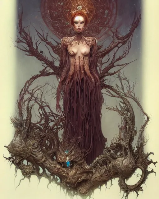 Image similar to a beautiful detailed front view portrait of a dead rotten princess with ornate growing around, ornamentation, elegant, beautifully soft lit, by wayne barlowe, peter mohrbacher, kelly mckernan