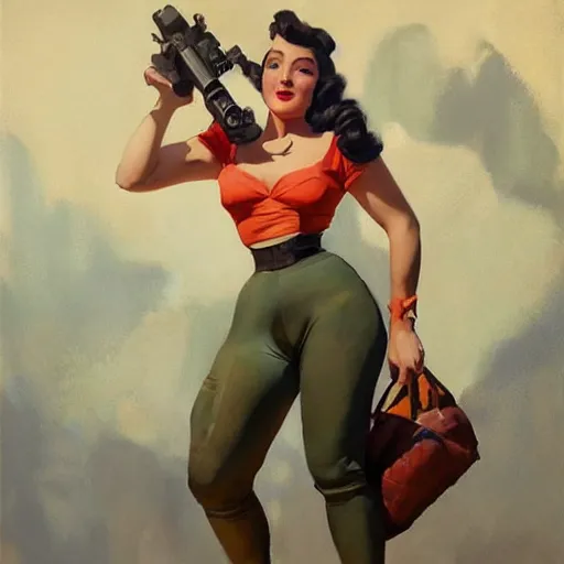 Image similar to greg manchess portrait painting of 1 9 4 0's pinup as overwatch's characters, medium shot, asymmetrical, profile picture, organic painting, sunny day, matte painting, bold shapes, hard edges, street art, trending on artstation, by huang guangjian and gil elvgren and sachin teng