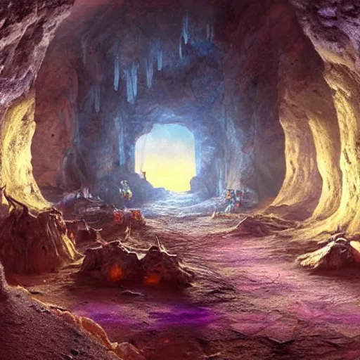 Image similar to beautiful matte painting of the inside of a cave with glowing crystals on the walls and bones on the floor, fantasy, sharp focus