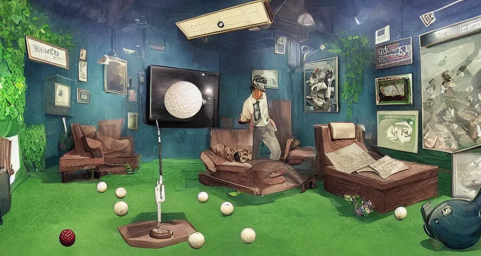 Prompt: A beautiful artwork illustration, a videogame level in a small golf-themed museum escape room with a golf ball who is a detective, featured on artstation, wide angle, horizontal orientation