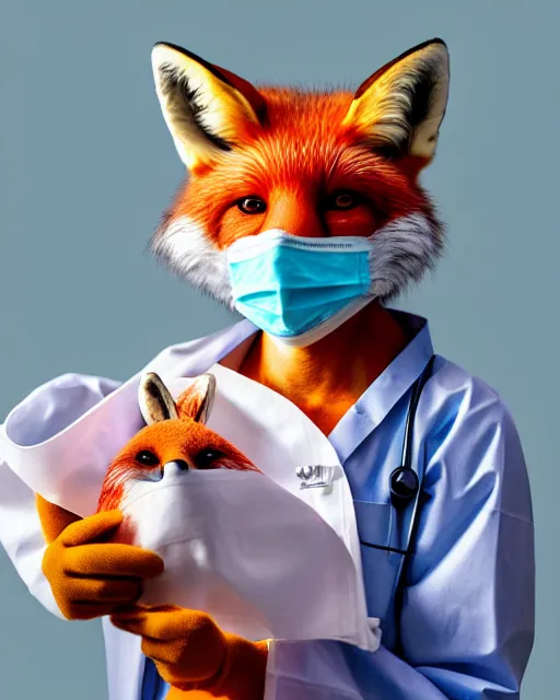 Image similar to photorealistic photo of anthropomorphic female fox animal dressed in labcoat, surgical mask covering mouth, putting on surgical gloves, fox animal, hospital in background, oil painting, 8 5 mm f / 1. 4