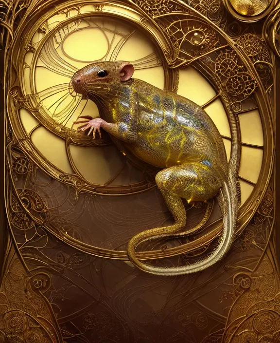 Prompt: intricate ornate opulent transparent clear see - through golden portrait of a beautiful male alien rat, mottled coloring, adorable, childlike, overgrown jungle environment, ultra realistic, concept art, art nouveau, photorealistic, octane render, 8 k, unreal engine. art by christopher marley and artgerm and greg rutkowski and alphonse mucha