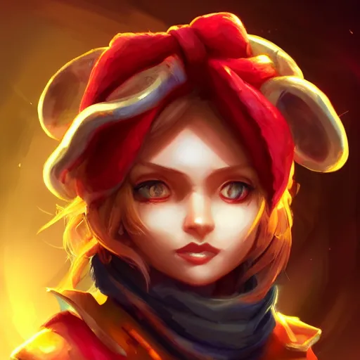 Image similar to Yordle Female portrait, Red Scarf, hatched ear, golden earring, Earnest, diminutive by Horace Hsu, Tony Sart highly detailed, digital illustration, concept art, dramatic lighting