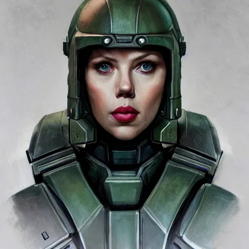 Image similar to doomguy played by scarlett johansson, face portrait, hd shot, digital portrait, elegant, beautiful, fantasy art, artstation, comic style, by artgerm, guy denning, jakub rozalski, magali villeneuve and charlie bowater