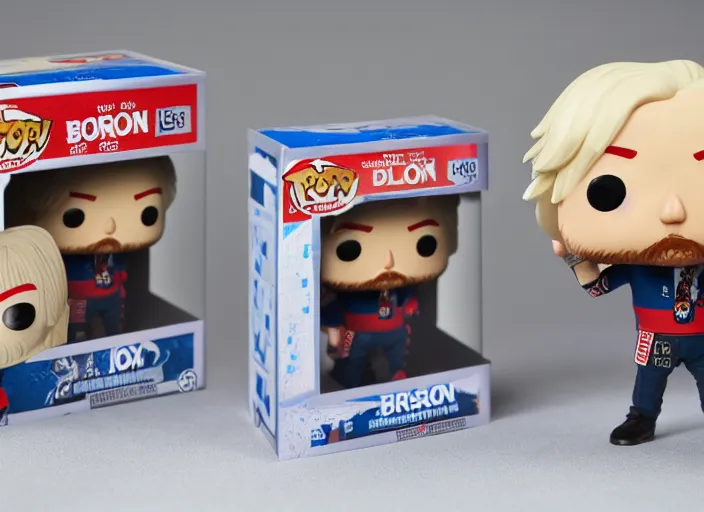 Prompt: product still of Boris Johnson funko pop with box, 85mm f1.8