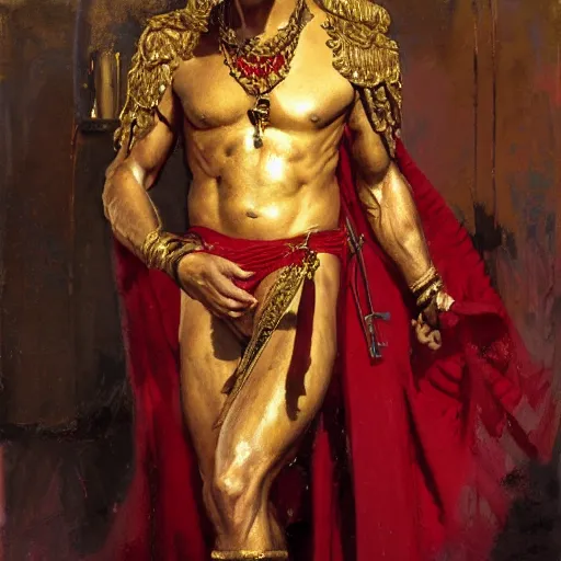 Image similar to detailed realistic cinematic wide shot of beautiful attractive muscular roman empreror gold chain wearing royal red clothes slim face symettrical face clean skin black eyes black robe smooth, sharp focus, ultra realistic, spring light, painting by gaston bussiere, craig mullins, j. c. leyendecker